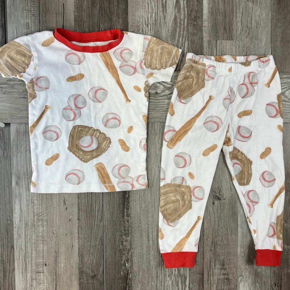 Burt's Bees Baby 2T Baseball Organic Cotton Pajama Set White Red 2pc Snug Fit